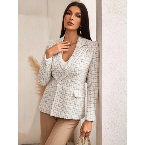 business plazacore tweed Plaid Print Double Breasted Blazer jacket - Picture 2 of 11